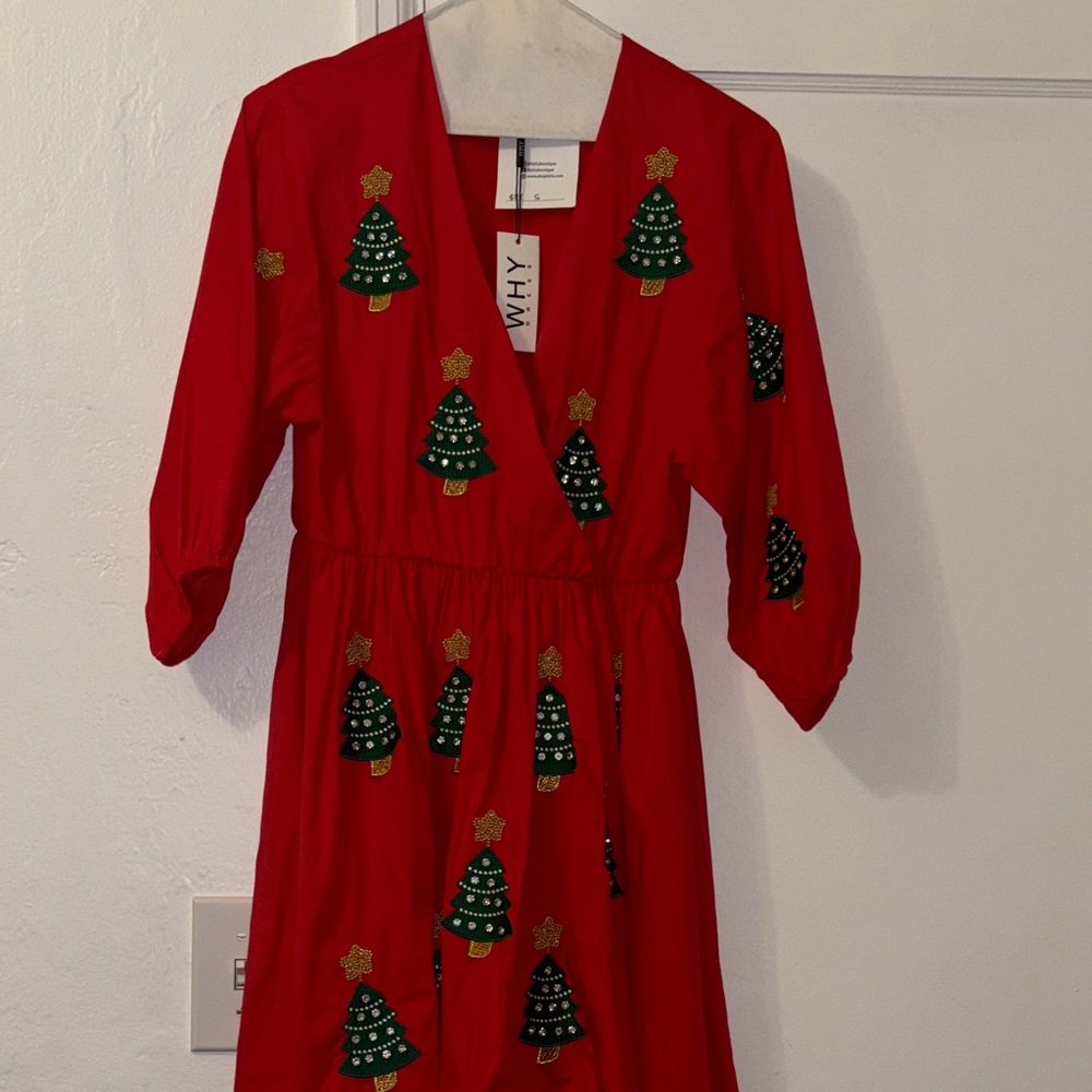 WHY Dress NWT size small Red  Dress with Christmas Tree Design